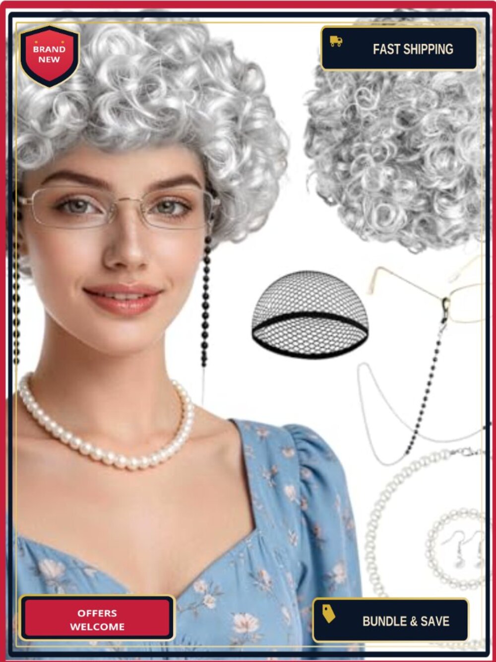 Short Curly Granny Wig with Glasses Chain Necklace Bracelet Earrings Costume Set